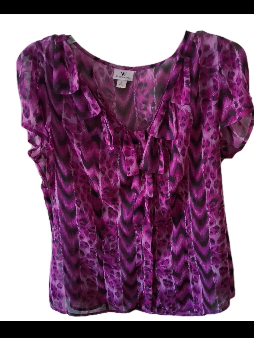 Worthington - Women's Purple/Black Short Sleeve Casual Sheer Blouse. Size Large